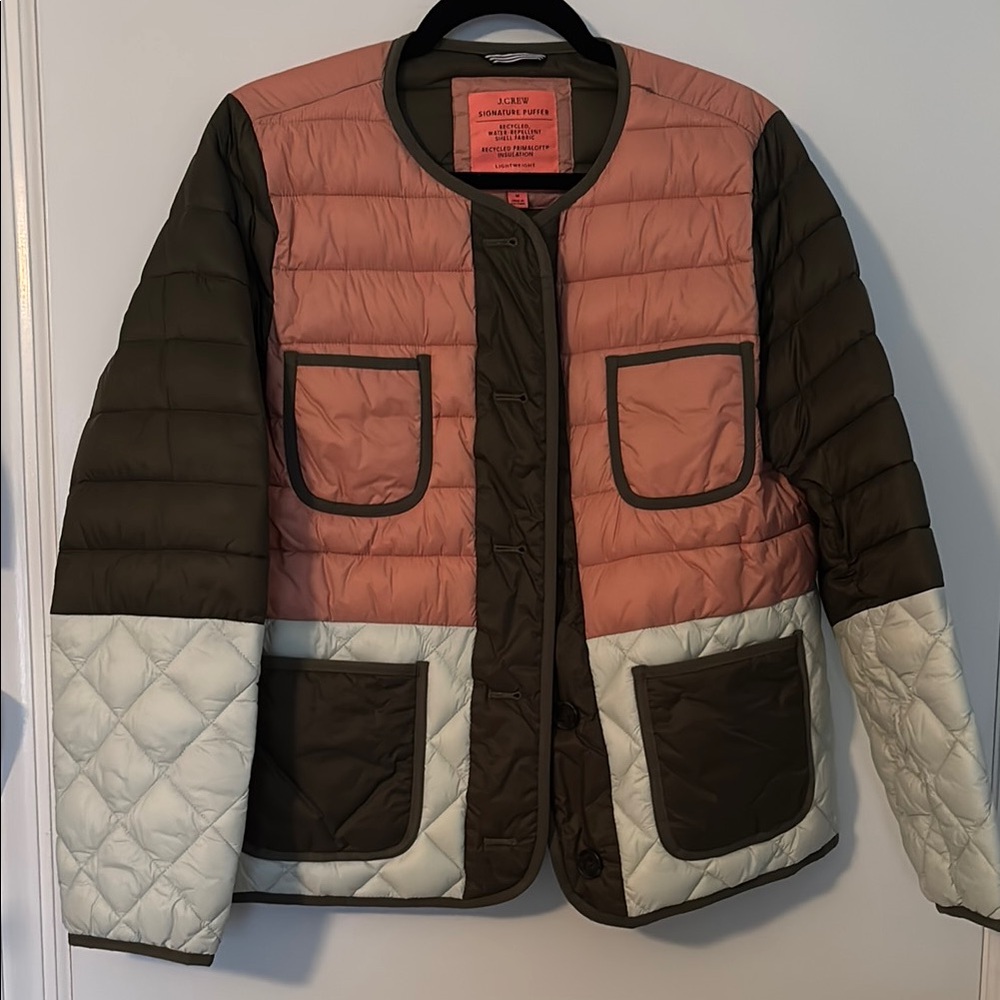 J. Crew Women's Colorblock Quilted Jacket - Pink, Olive, and Cream